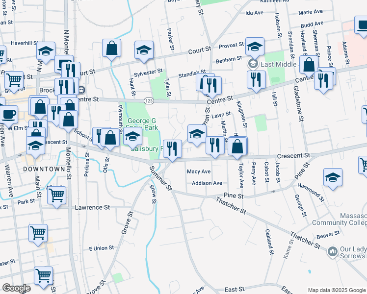 map of restaurants, bars, coffee shops, grocery stores, and more near 104102 Erie Avenue in Brockton