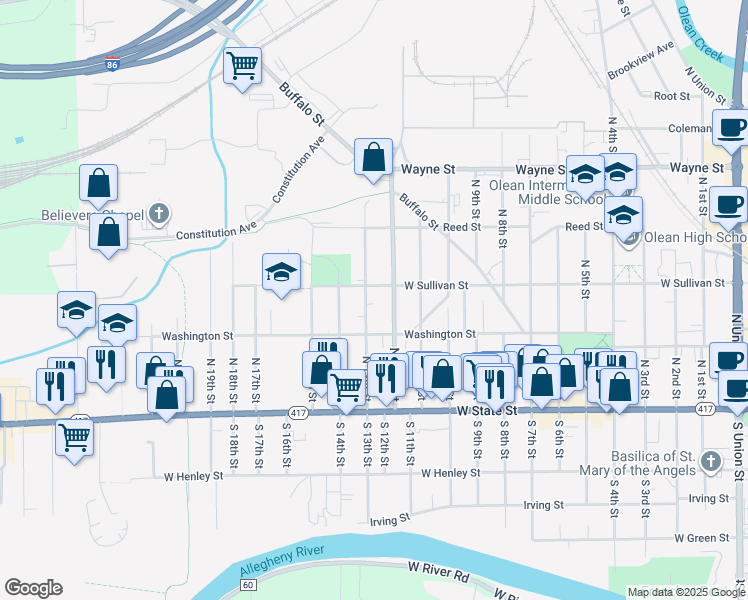 map of restaurants, bars, coffee shops, grocery stores, and more near 8 Olds Court in Olean