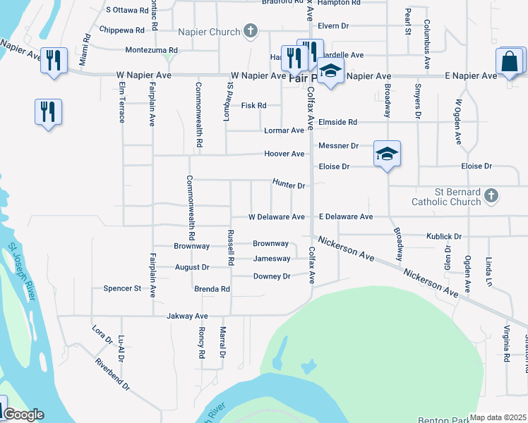 map of restaurants, bars, coffee shops, grocery stores, and more near 235 West Delaware Avenue in Benton Harbor