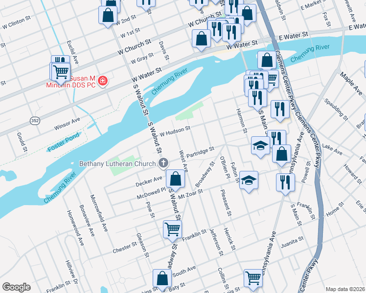 map of restaurants, bars, coffee shops, grocery stores, and more near 213 West Avenue in Elmira