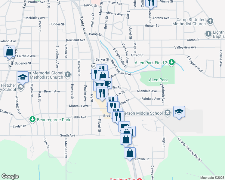 map of restaurants, bars, coffee shops, grocery stores, and more near 129 Linwood Avenue in Jamestown