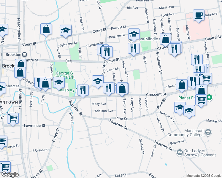 map of restaurants, bars, coffee shops, grocery stores, and more near 18 Moulton Street in Brockton