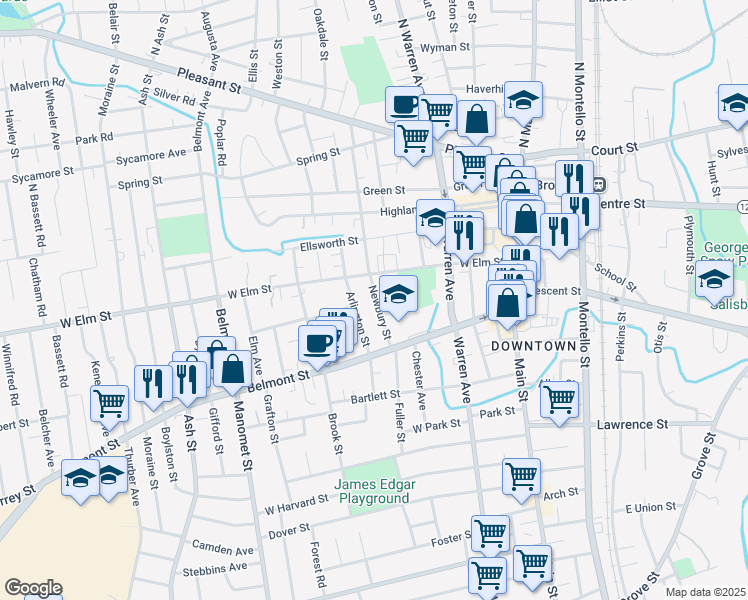map of restaurants, bars, coffee shops, grocery stores, and more near 167 Newbury Street in Brockton