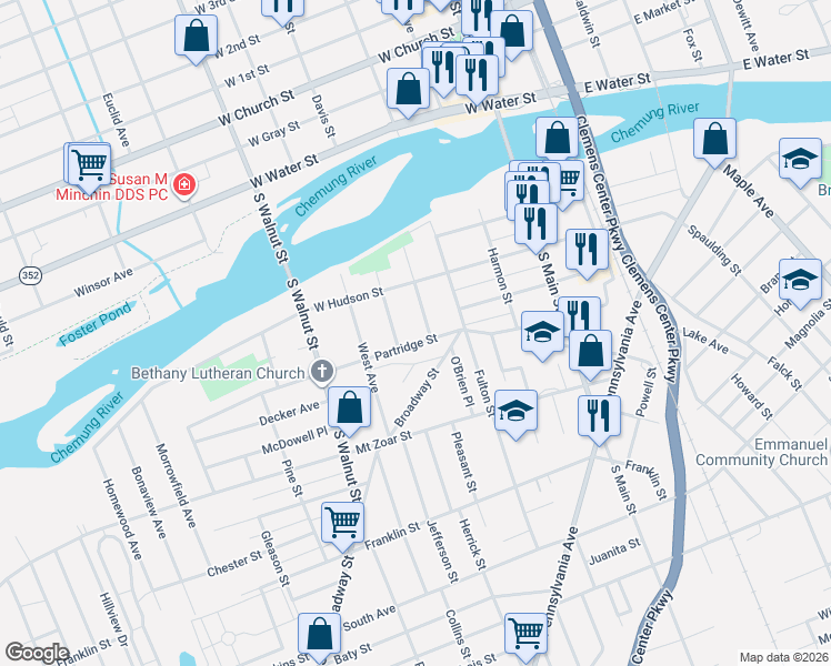 map of restaurants, bars, coffee shops, grocery stores, and more near 215 Connelly Avenue in Elmira