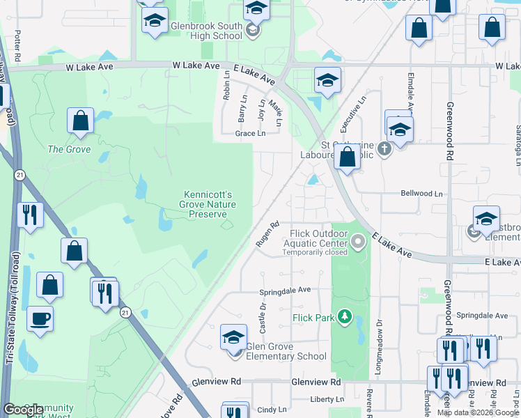 map of restaurants, bars, coffee shops, grocery stores, and more near 1421 Crown Lane in Glenview