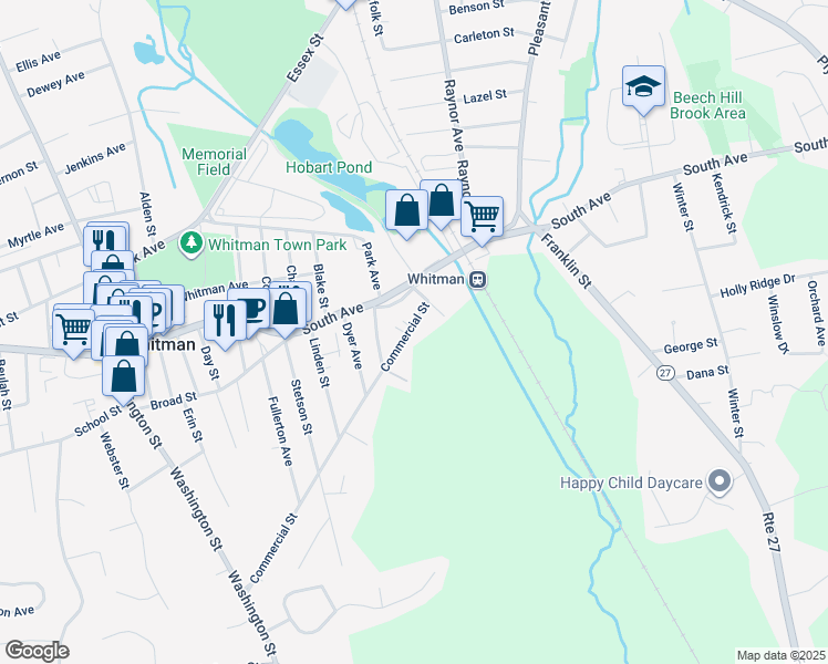map of restaurants, bars, coffee shops, grocery stores, and more near 325 Commercial Street in Whitman