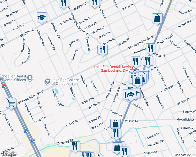 map of restaurants, bars, coffee shops, grocery stores, and more near 4726 Conway Street in Erie