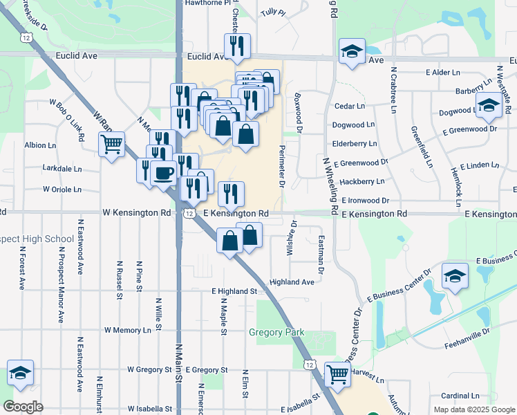 map of restaurants, bars, coffee shops, grocery stores, and more near 304 East Kensington Road in Mount Prospect