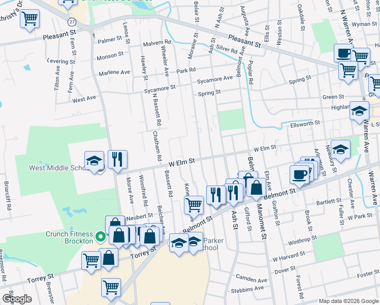 map of restaurants, bars, coffee shops, grocery stores, and more near 14 Auna Drive in Brockton