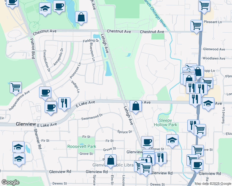 map of restaurants, bars, coffee shops, grocery stores, and more near 1414 Lehigh Avenue in Glenview