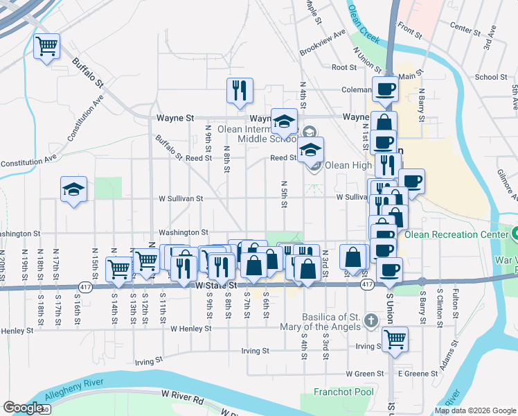 map of restaurants, bars, coffee shops, grocery stores, and more near 227 North 6th Street in Olean