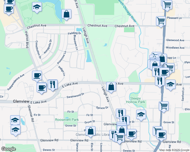 map of restaurants, bars, coffee shops, grocery stores, and more near 1414 Lehigh Avenue in Glenview