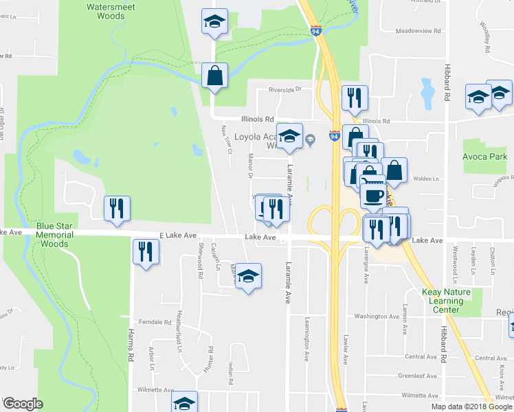 map of restaurants, bars, coffee shops, grocery stores, and more near 934 Manor Drive in Wilmette
