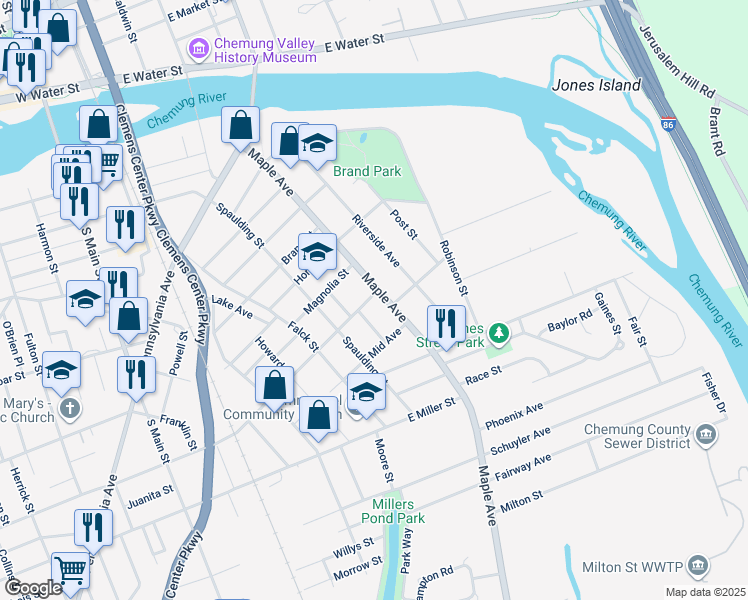 map of restaurants, bars, coffee shops, grocery stores, and more near 600 Maple Avenue in Elmira