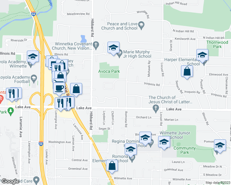 map of restaurants, bars, coffee shops, grocery stores, and more near 3021 Iroquois Road in Wilmette