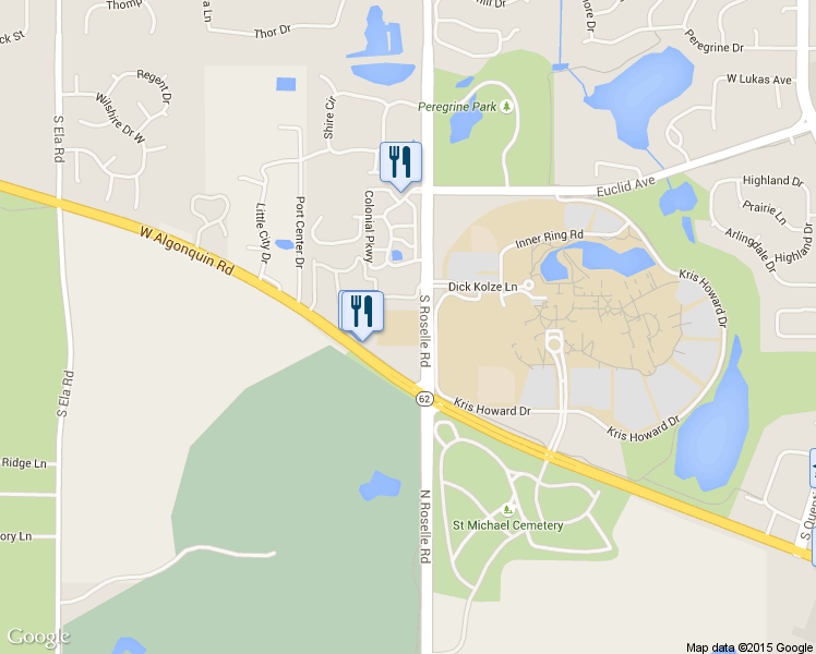 map of restaurants, bars, coffee shops, grocery stores, and more near 1750 S Roselle Rd in Palatine