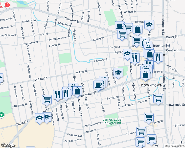 map of restaurants, bars, coffee shops, grocery stores, and more near 11 Brett Street in Brockton