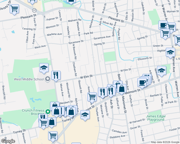 map of restaurants, bars, coffee shops, grocery stores, and more near 14 Auna Drive in Brockton