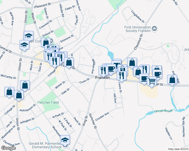 map of restaurants, bars, coffee shops, grocery stores, and more near 143 Massachusetts 140 in Franklin