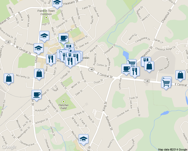map of restaurants, bars, coffee shops, grocery stores, and more near 118 East Central Street in Franklin