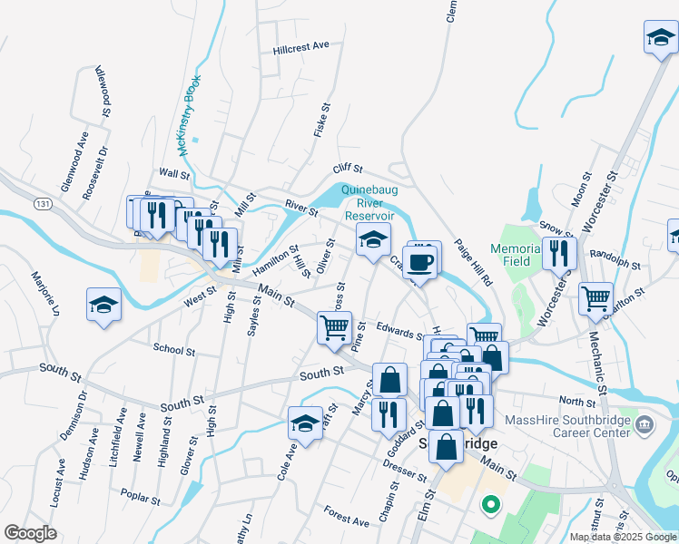 map of restaurants, bars, coffee shops, grocery stores, and more near 60 Cross Street in Southbridge