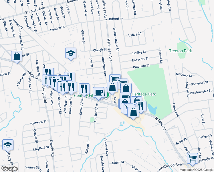 map of restaurants, bars, coffee shops, grocery stores, and more near 16 Hazelhurst Avenue in East Longmeadow
