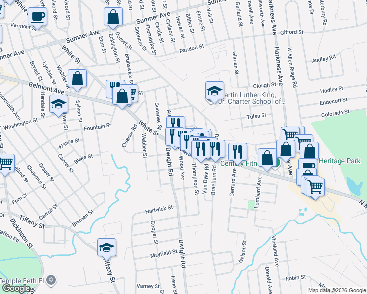 map of restaurants, bars, coffee shops, grocery stores, and more near 655 North Main Street in East Longmeadow