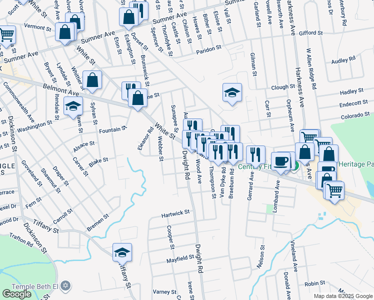 map of restaurants, bars, coffee shops, grocery stores, and more near 16 Dwight Road in Springfield