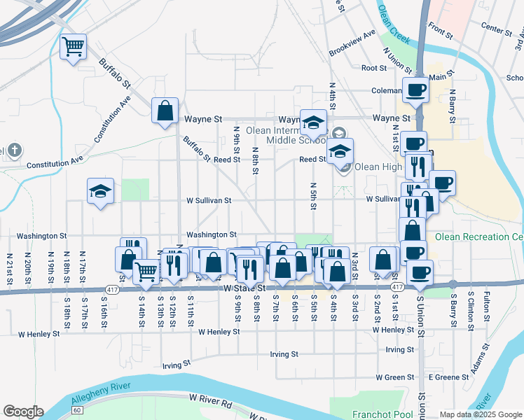 map of restaurants, bars, coffee shops, grocery stores, and more near 230 North 8th Street in Olean