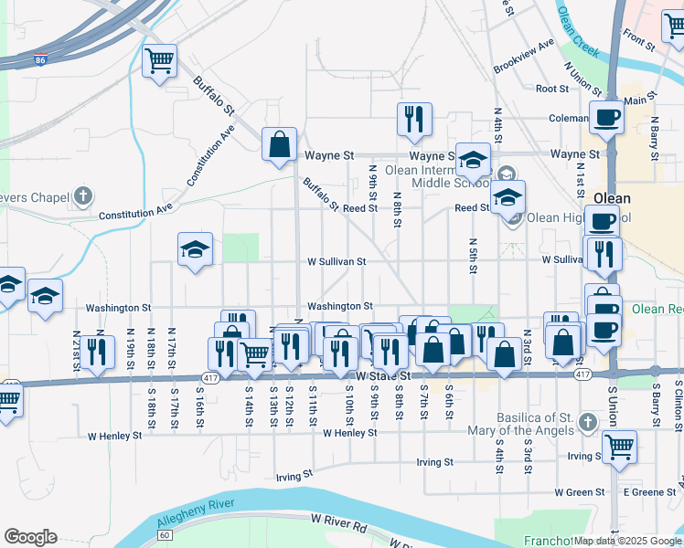 map of restaurants, bars, coffee shops, grocery stores, and more near 277 Anderson Avenue in Olean