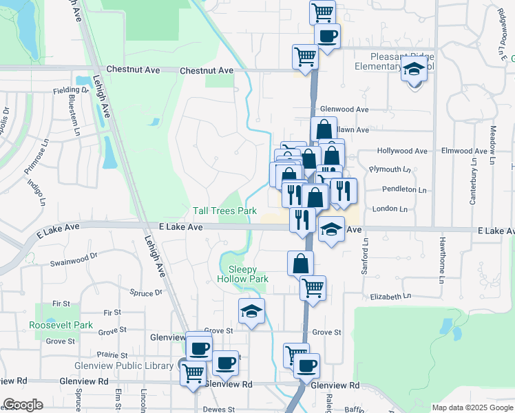 map of restaurants, bars, coffee shops, grocery stores, and more near 1409 Pebblecreek Drive in Glenview