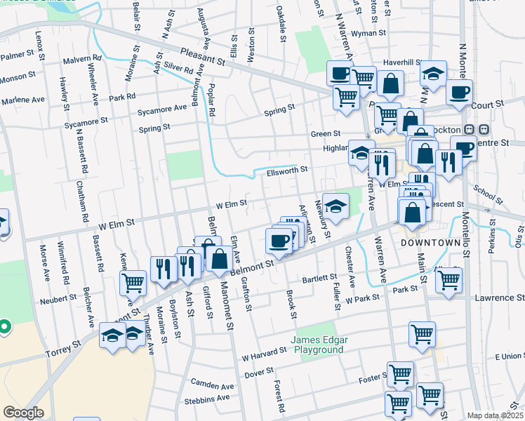 map of restaurants, bars, coffee shops, grocery stores, and more near 11 Brett Street in Brockton