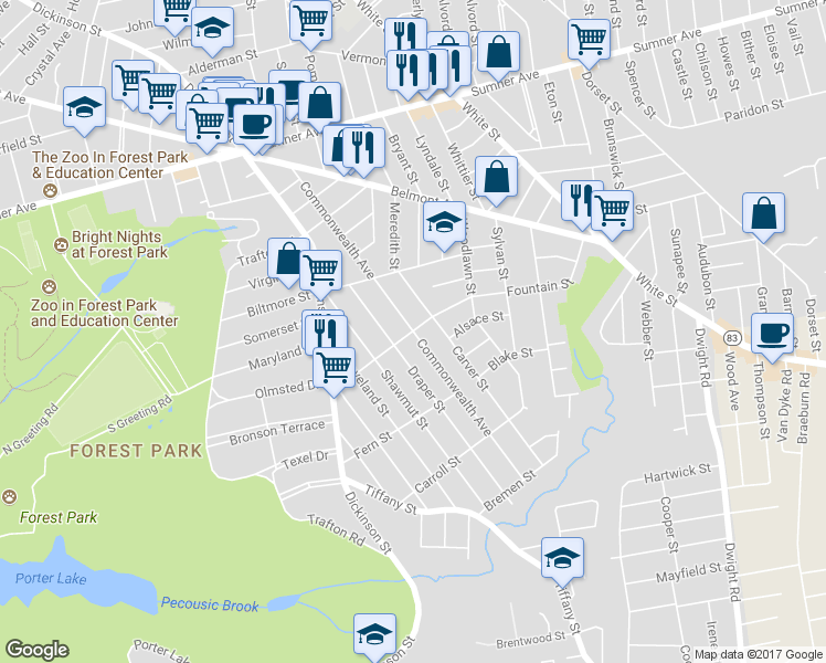 map of restaurants, bars, coffee shops, grocery stores, and more near Commonwealth Avenue in Springfield