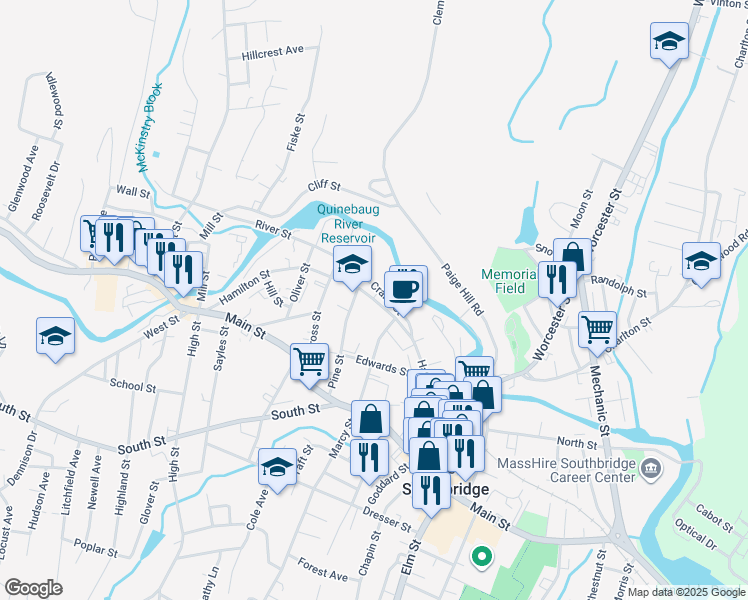 map of restaurants, bars, coffee shops, grocery stores, and more near Hamilton Street in Southbridge