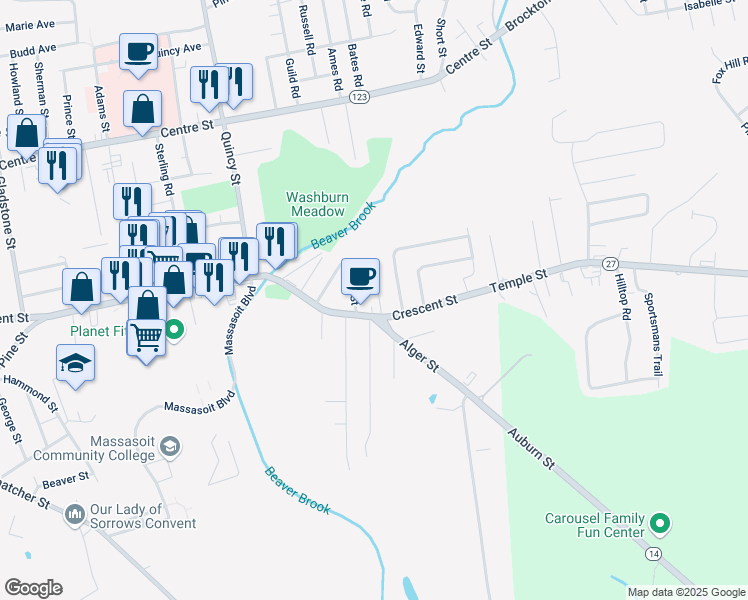 map of restaurants, bars, coffee shops, grocery stores, and more near 18 Hall Street in Brockton