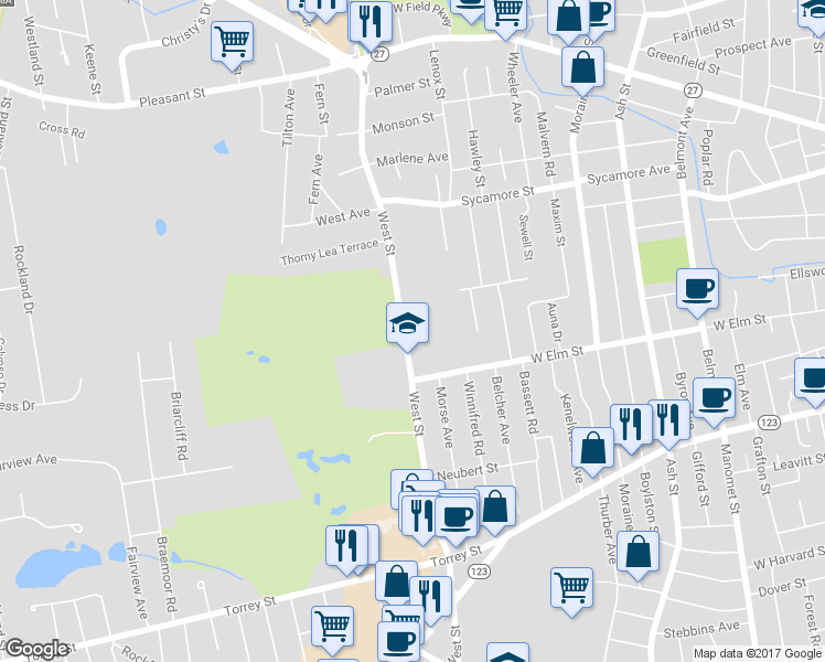 map of restaurants, bars, coffee shops, grocery stores, and more near 230 West Street in Brockton