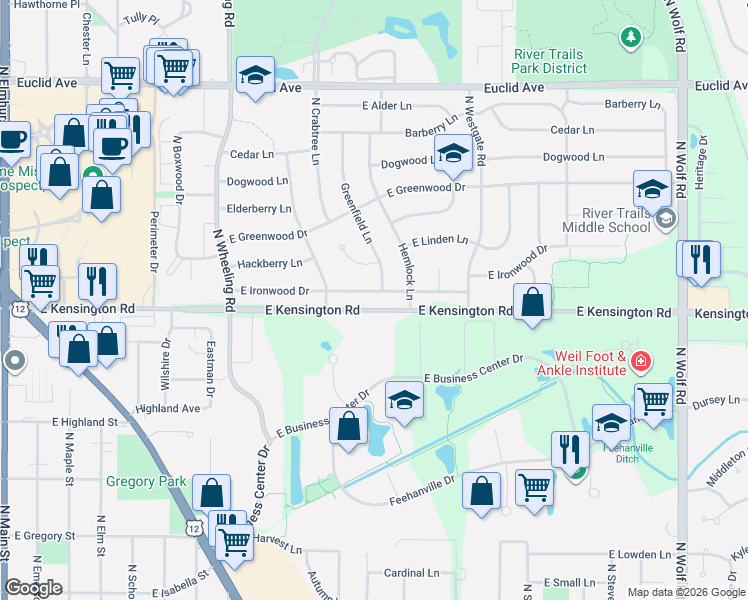 map of restaurants, bars, coffee shops, grocery stores, and more near 915 East Ironwood Drive in Mount Prospect