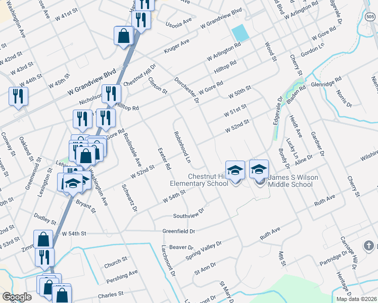 map of restaurants, bars, coffee shops, grocery stores, and more near 5203 Robinhood Ln in Erie
