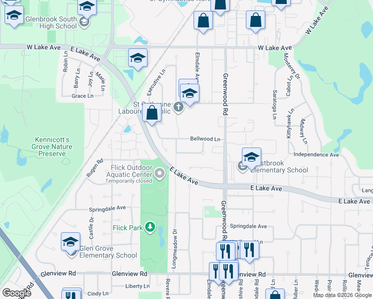 map of restaurants, bars, coffee shops, grocery stores, and more near 3418 Ralmark Lane in Glenview
