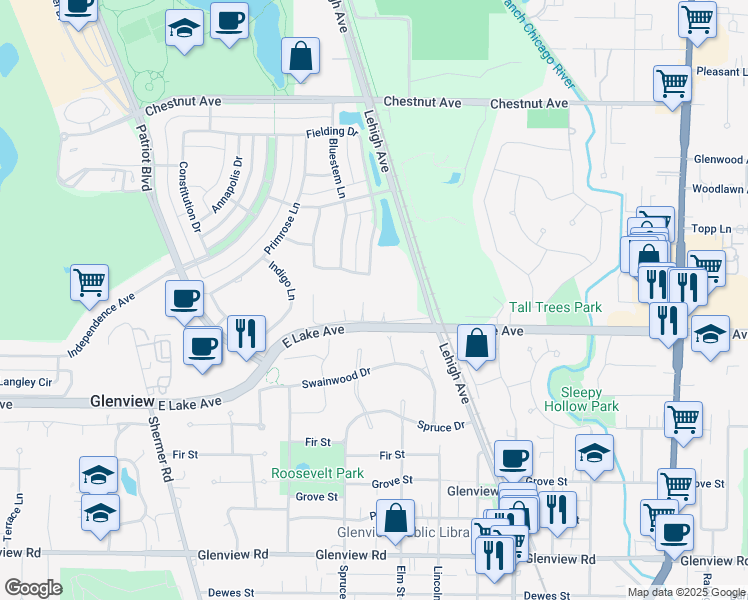 map of restaurants, bars, coffee shops, grocery stores, and more near 2128a Rugen Lane in Glenview