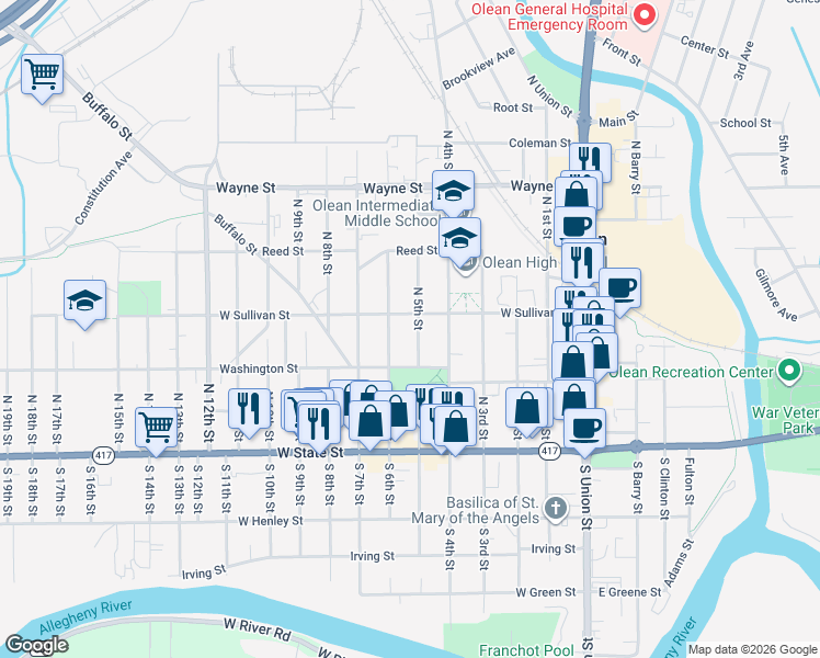 map of restaurants, bars, coffee shops, grocery stores, and more near 227 N 5th St in Olean