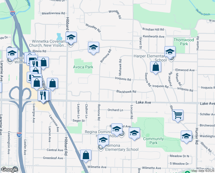 map of restaurants, bars, coffee shops, grocery stores, and more near 2822 Blackhawk Road in Wilmette