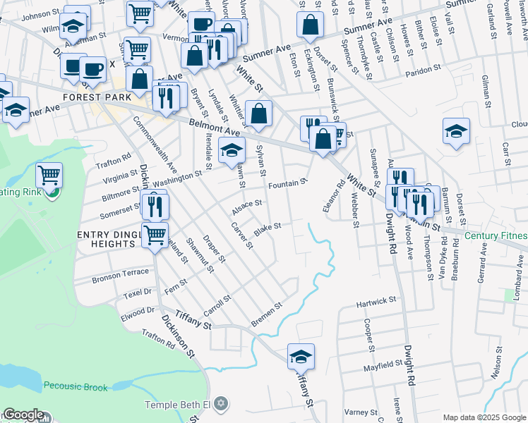 map of restaurants, bars, coffee shops, grocery stores, and more near 118-120 Sylvan Street in Springfield