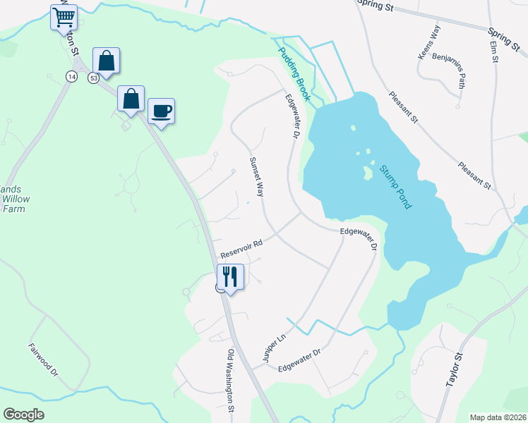 map of restaurants, bars, coffee shops, grocery stores, and more near 62 Sunset Way in Pembroke