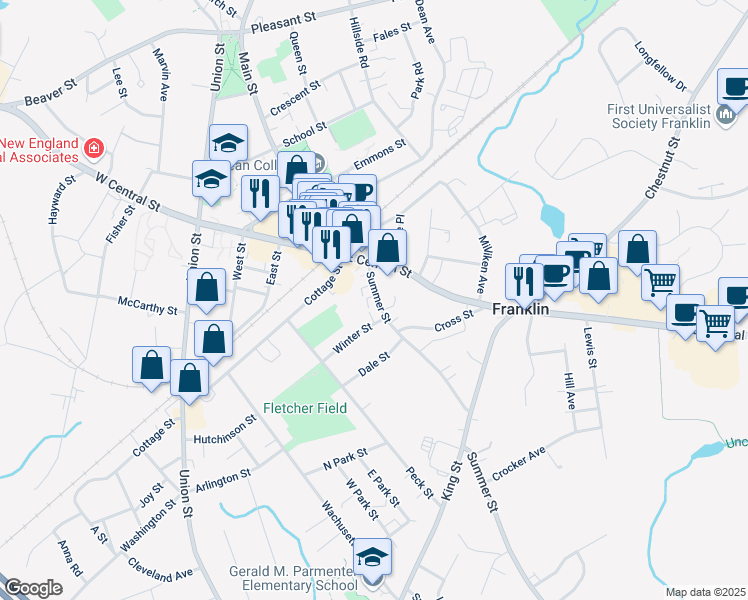 map of restaurants, bars, coffee shops, grocery stores, and more near 31 Summer Street in Franklin