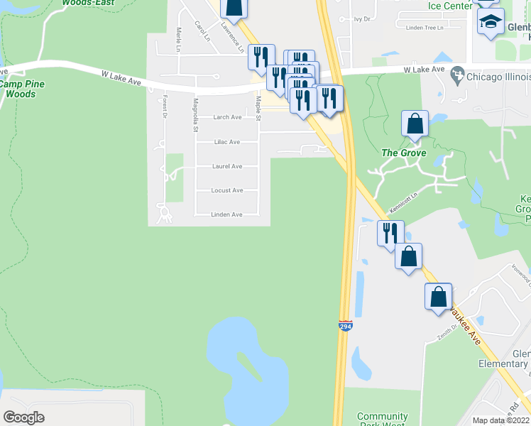 map of restaurants, bars, coffee shops, grocery stores, and more near 1421 Maple Street in Glenview