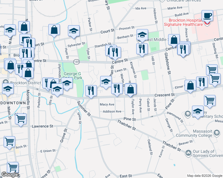 map of restaurants, bars, coffee shops, grocery stores, and more near 24 Wendell Avenue in Brockton