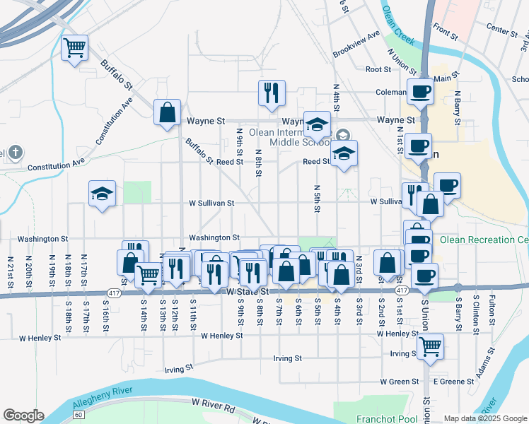 map of restaurants, bars, coffee shops, grocery stores, and more near 230 North 8th Street in Olean