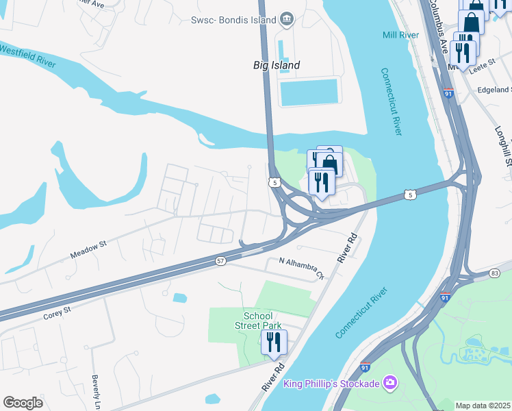 map of restaurants, bars, coffee shops, grocery stores, and more near 485 Meadow Street in Agawam