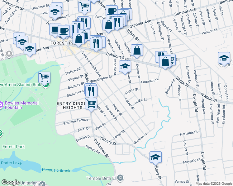 map of restaurants, bars, coffee shops, grocery stores, and more near 107 Fountain Street in Springfield